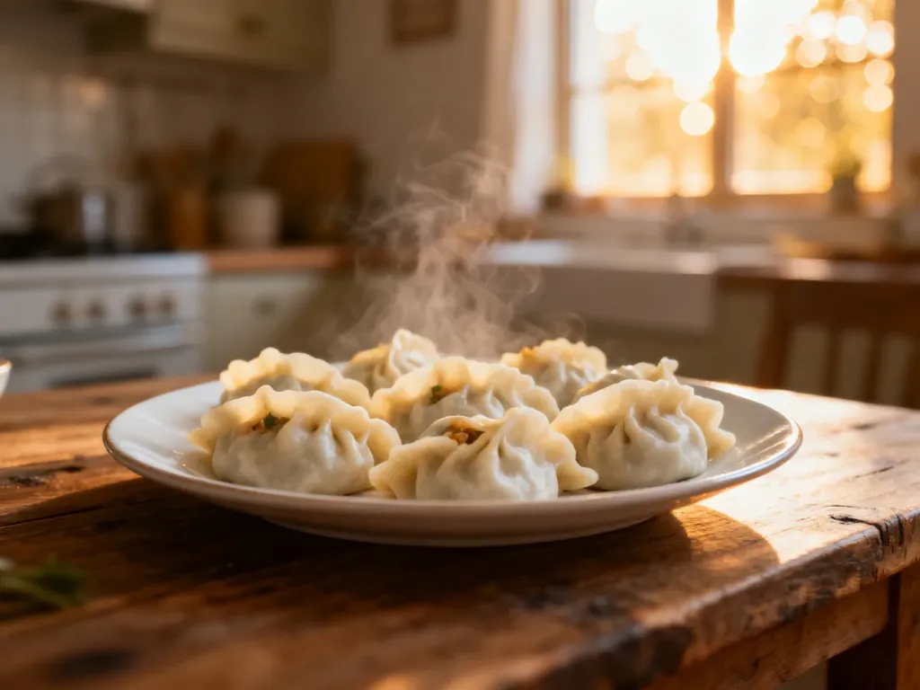 Talerz świeżych, domowych pierogów na rustykalnym drewnianym stole w przytulnej, słonecznej kuchni.