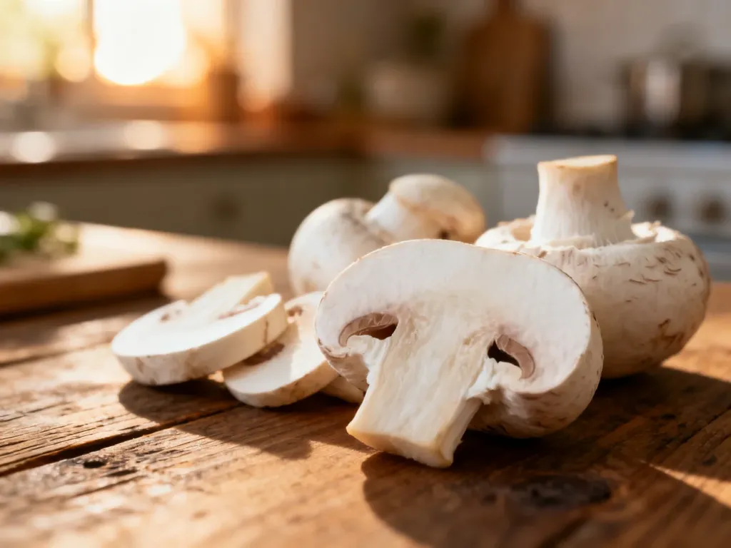 Świeże, pokrojone pieczarki na drewnianym stole w kuchni, podkreślające naturalną teksturę grzybów.