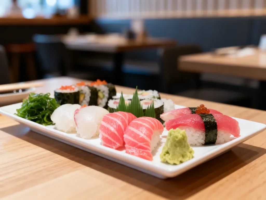 Elegancko podany talerz świeżego sushi z nigiri i sashimi na minimalistycznym drewnianym stole.