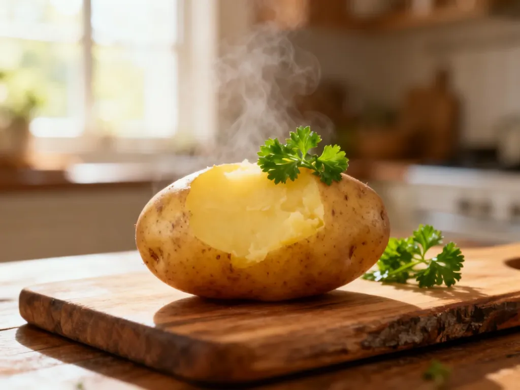 Ugotowany ziemniak z natką pietruszki na drewnianej desce, podkreślający naturalność i lekkostrawność potrawy.