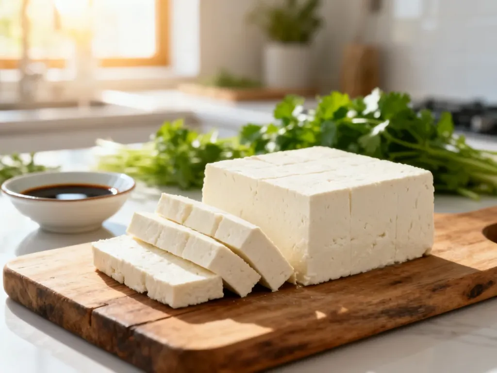 Pokrojony blok świeżego tofu na drewnianej desce w jasnej, nowoczesnej kuchni.