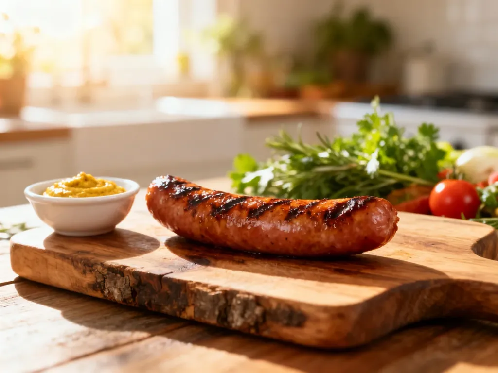 Grillowana parówka na drewnianej desce z musztardą w jasnej, słonecznej kuchni.