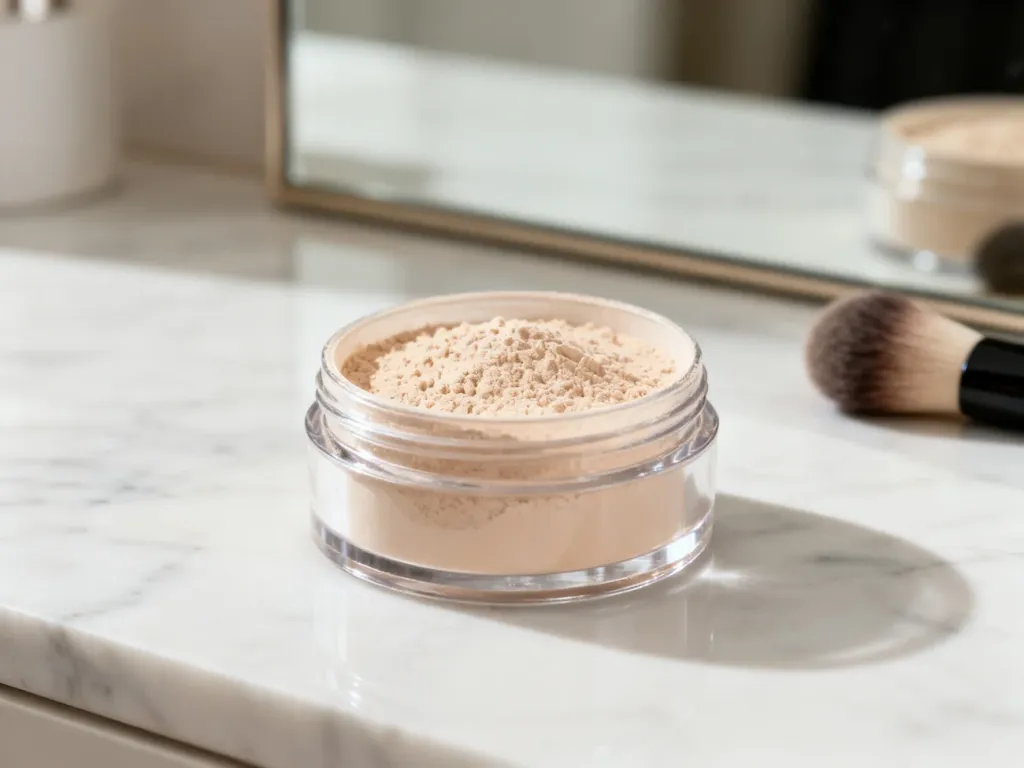 Sypki puder w szklanym słoiczku na marmurowym blacie, obok pędzla do makijażu. Idealny produkt do wykończenia cery mieszanej.