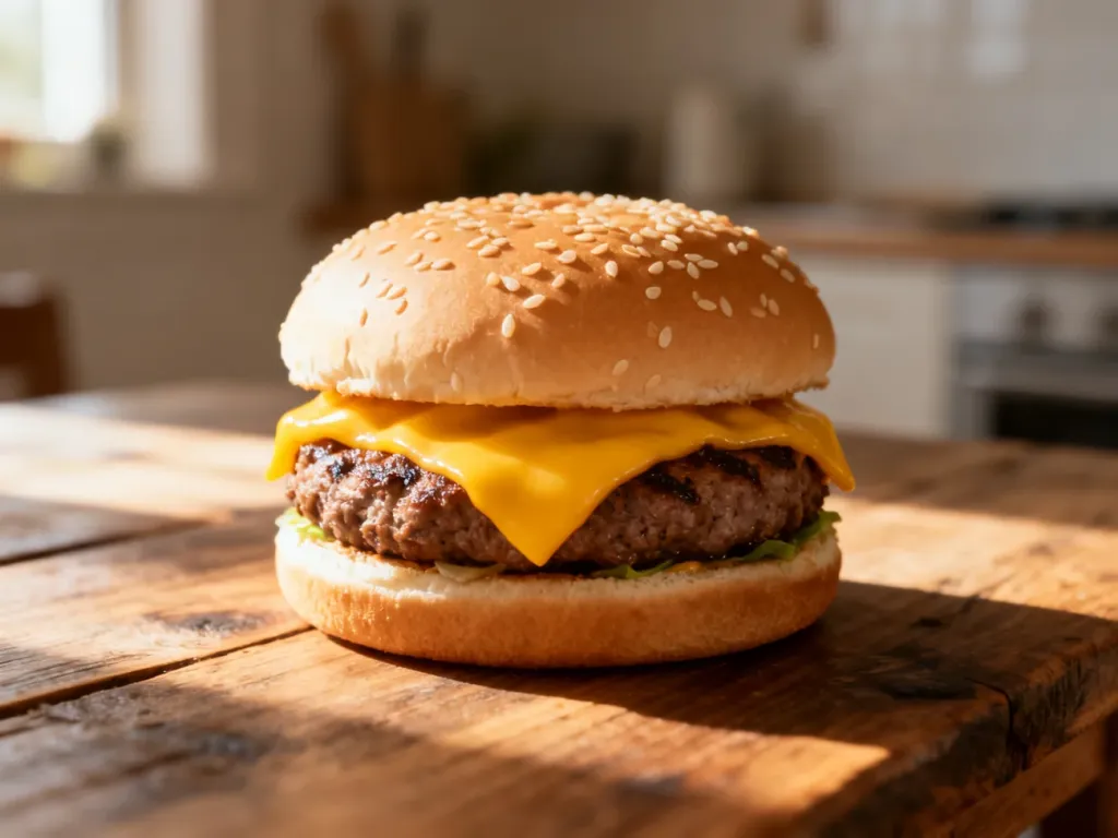 Klasyczny cheeseburger z wołowiną i roztopionym serem, podany na rustykalnym drewnianym stole w świetle poranka.