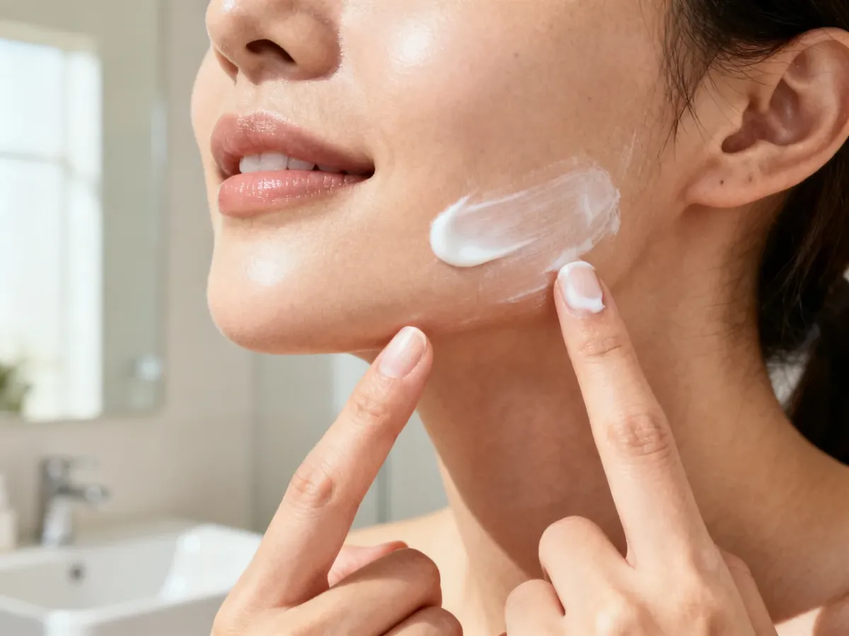 Nakładanie odpowiedniej ilości kremu SPF na twarz i szyję metodą dwóch palców