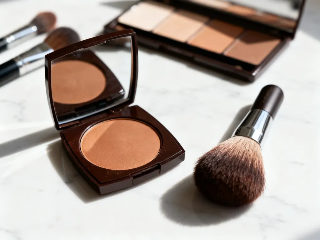 Otwarta paleta bronzera i puszysty pędzel kabuki na marmurowym blacie, gotowe do profesjonalnego konturowania twarzy.