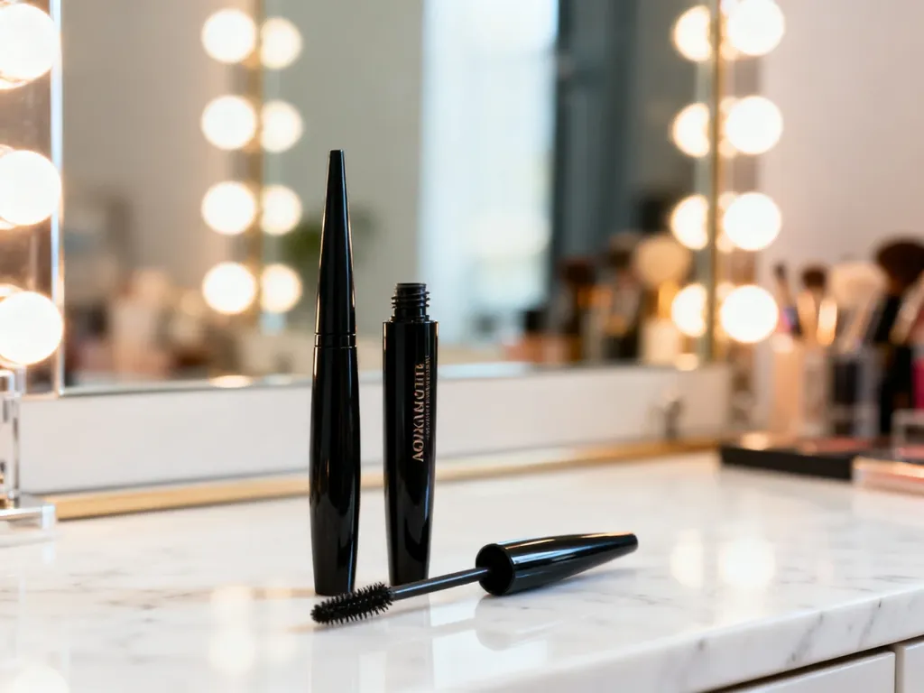 Eyeliner i tusz do rzęs leżące na marmurowym blacie w profesjonalnym studiu makijażu z oświetlonym lustrem w tle.