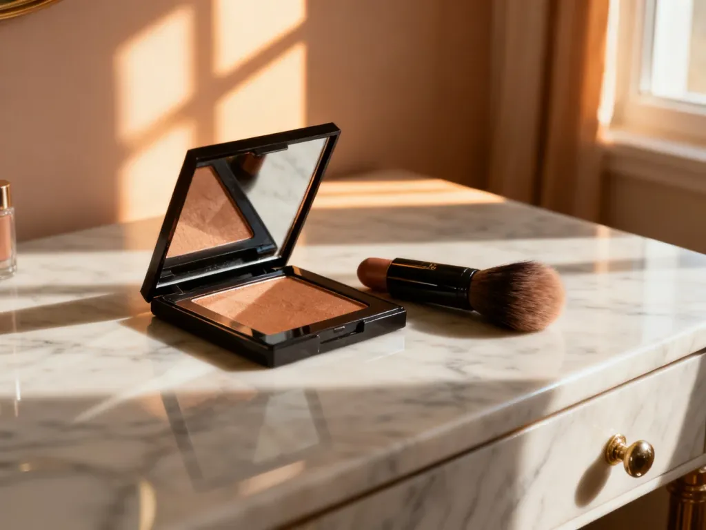 Profesjonalny zestaw do konturowania i bronzer na marmurowym blacie w świetle poranka.