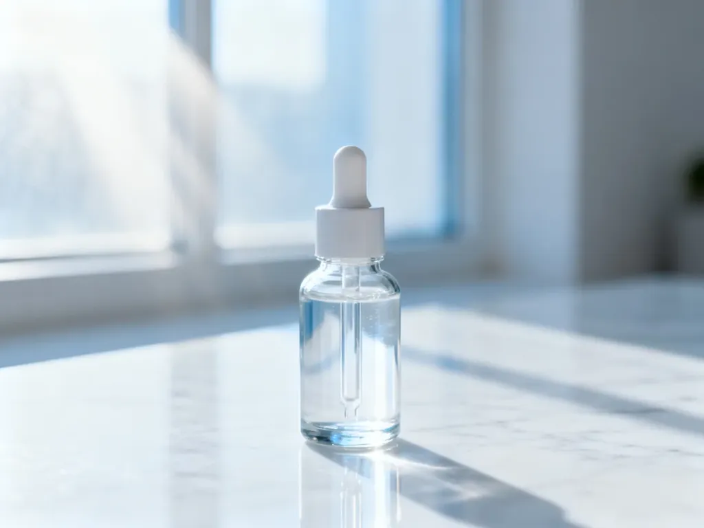 Szklana buteleczka serum na marmurowym blacie w promieniach porannego słońca, symbolizująca codzienną pielęgnację skóry.