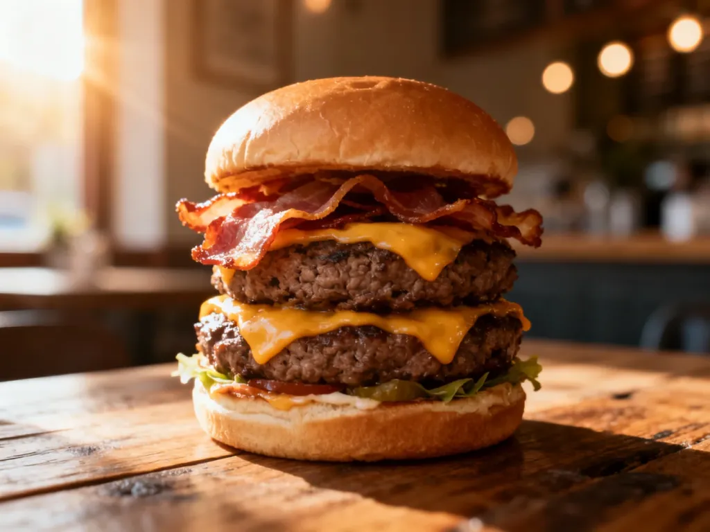 Apetyczny, wielowarstwowy burger Drwal z chrupiącym bekonem i serem, serwowany na rustykalnym drewnianym stole.
