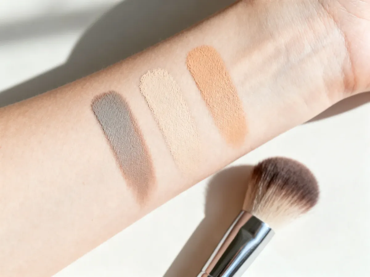 Swatches of taupe, beige and caramel bronzer shades on very fair skin