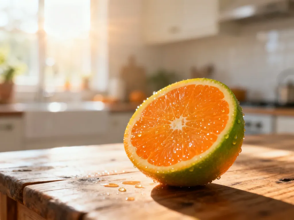 Soczysta, przekrojona na pół pomarańcza na drewnianym stole, ukazująca świeżość i naturalną strukturę owocu.