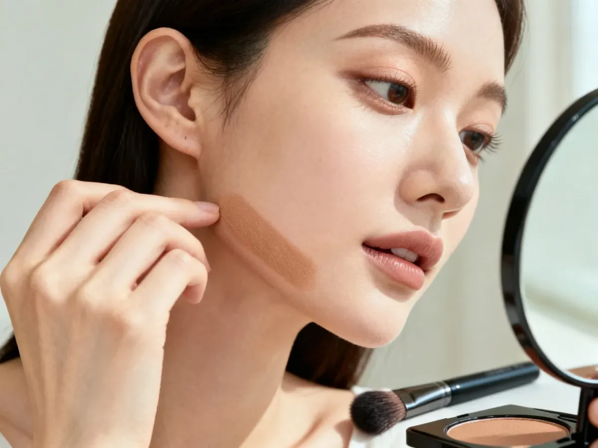 Testing a bronzer shade along the jawline in natural light