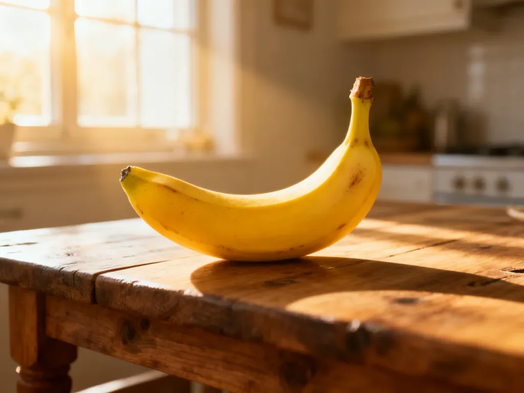 Dojrzały, żółty banan leżący na drewnianym stole w słonecznej kuchni, podkreślający świeżość i naturalność owocu.