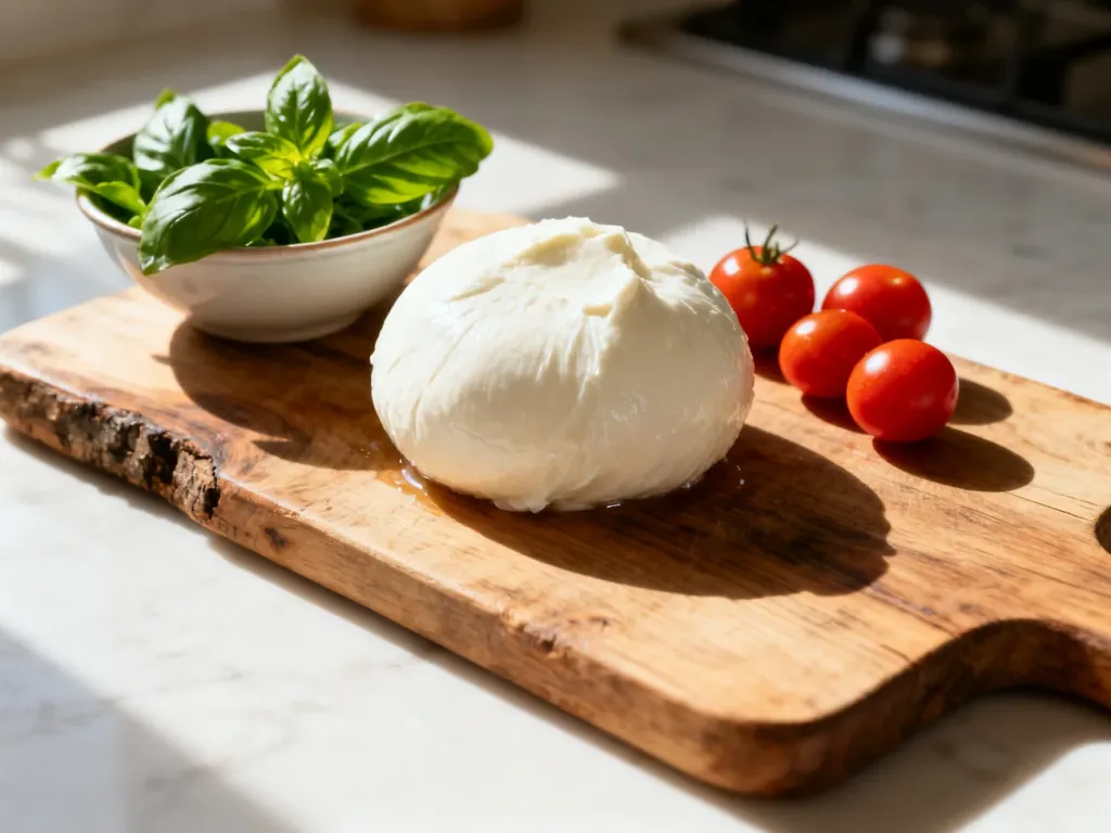 Kulka sera mozzarella light na drewnianej desce w towarzystwie świeżej bazylii i pomidorków koktajlowych.