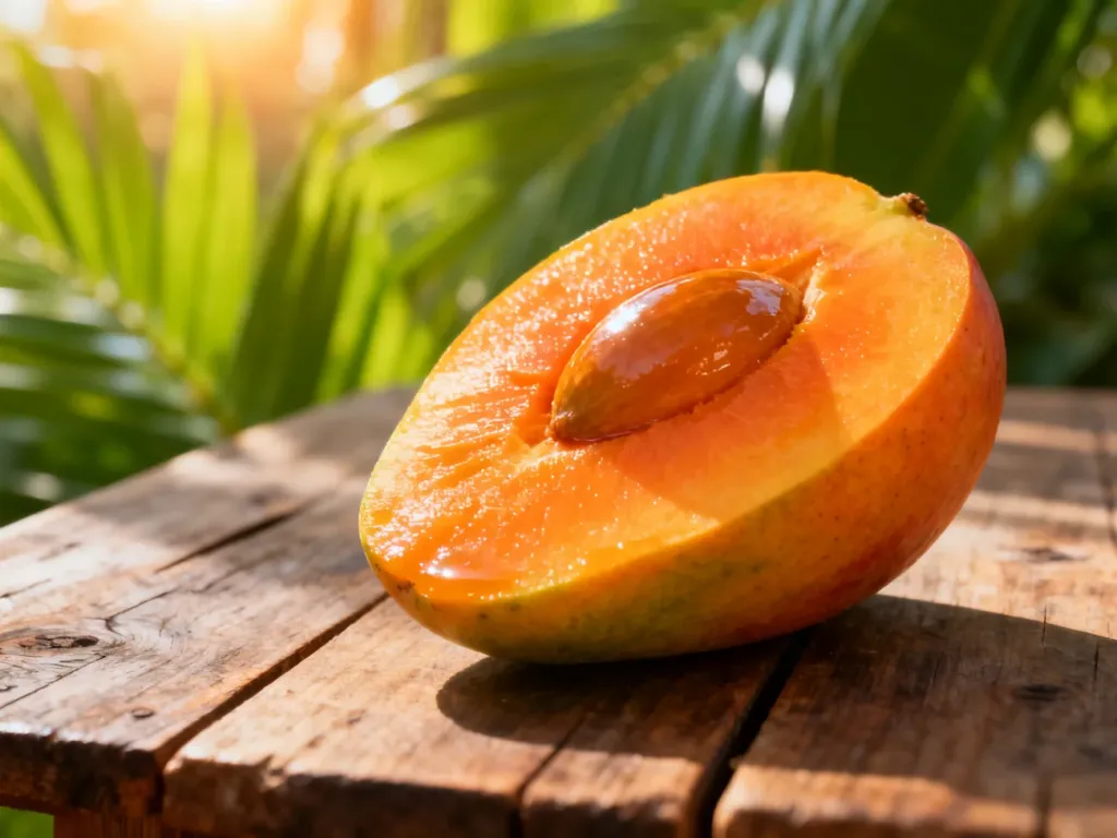 Soczysty, pokrojony owoc mango na drewnianym stole w promieniach porannego słońca.