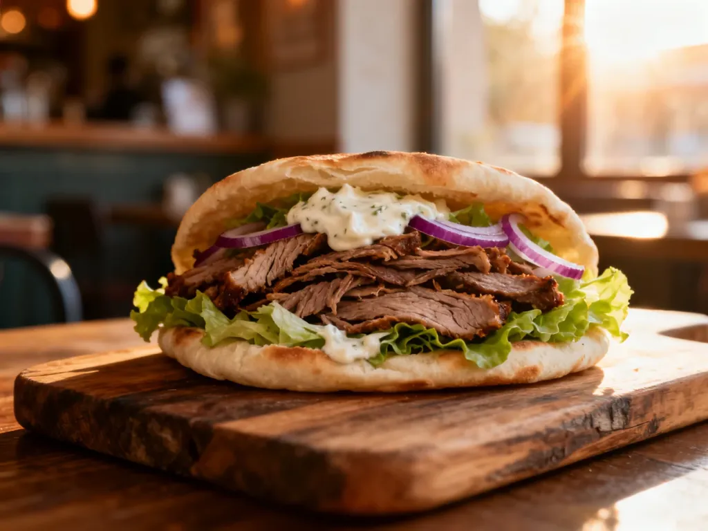 Apetyczny kebab w picie z mięsem, świeżymi warzywami i sosem czosnkowym, podany na rustykalnej desce.