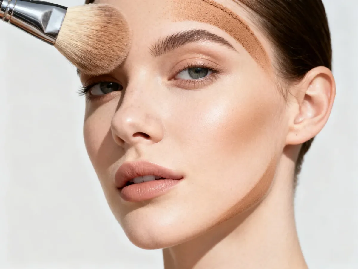 Applying bronzer along the temples, cheekbone and jawline with a fluffy brush