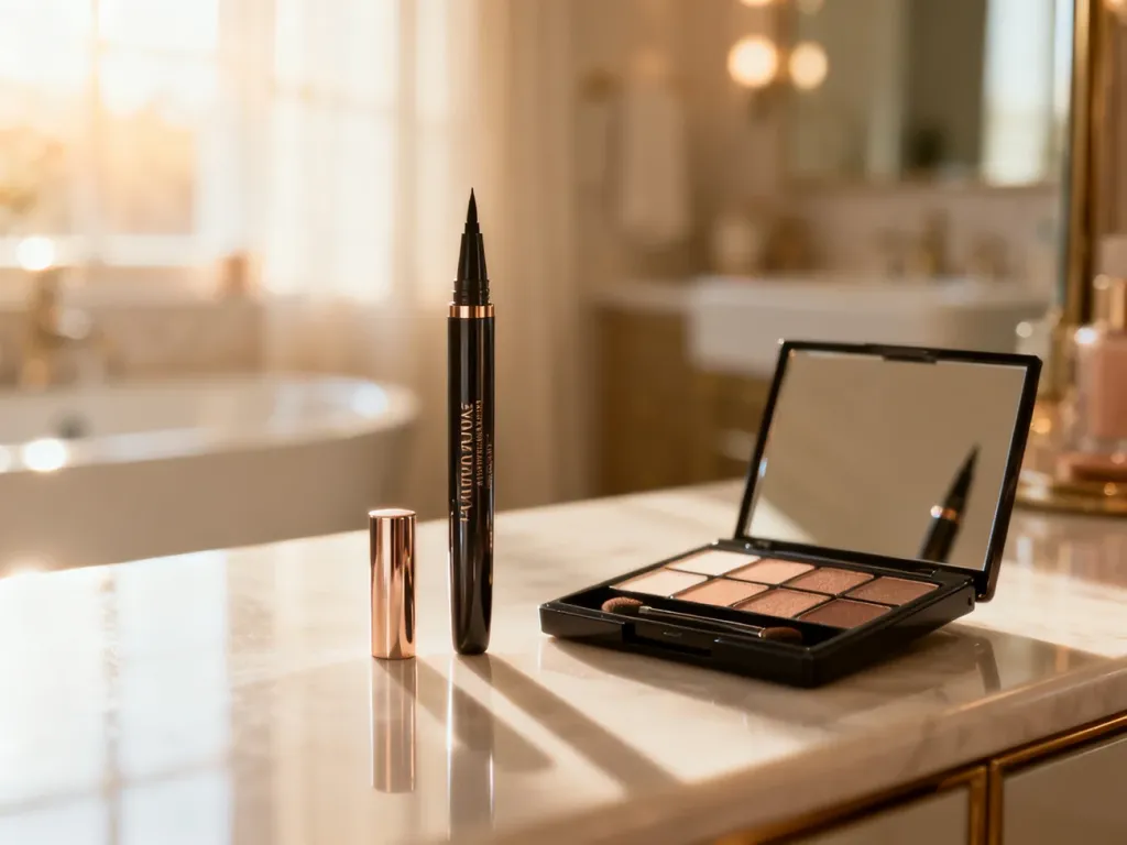 Profesjonalny eyeliner i paleta cieni na toaletce, gotowe do wykonania trwałego makijażu oczu.